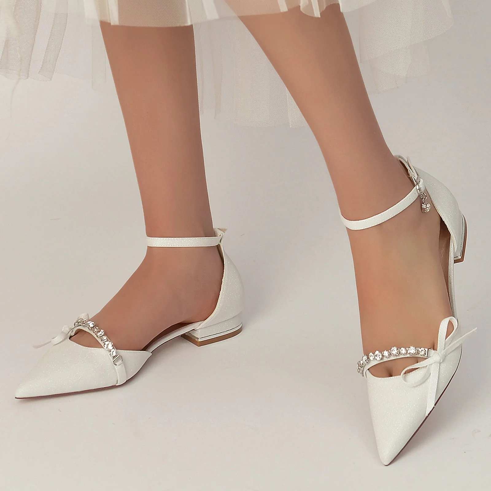 Women's Wedding Shoe Crystal Bow Glitter Pointed Toe Low Buckle Bridal Shoes - Image 2