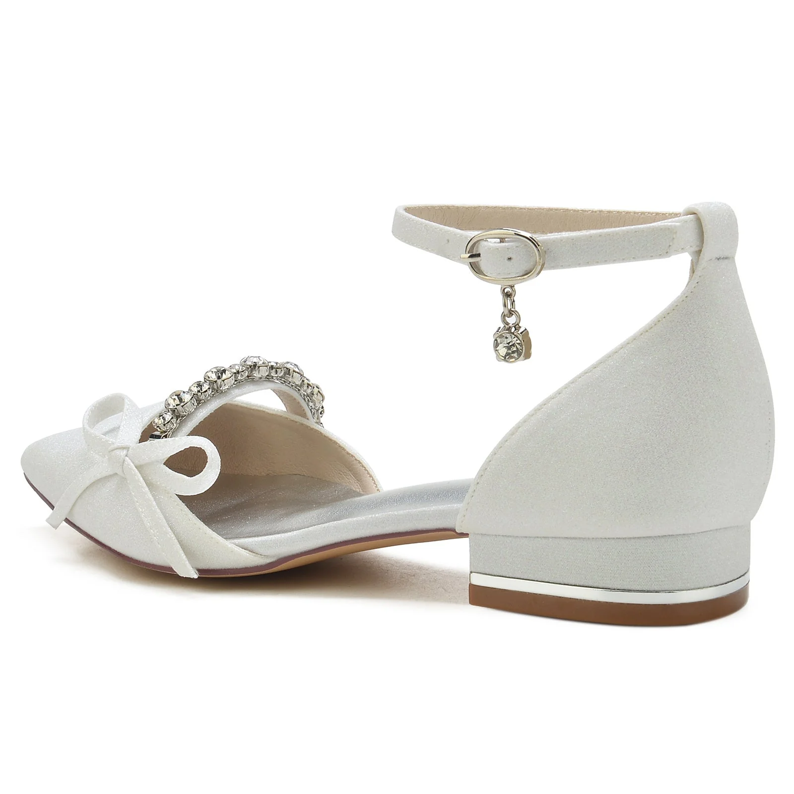Women's Wedding Shoe Crystal Bow Glitter Pointed Toe Low Buckle Bridal Shoes - Image 3