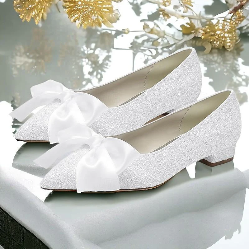Women's Wedding Shoe Flats Bowknot Flat Heel Low Heel Pointed Toe Bridal Shoes - Image 5