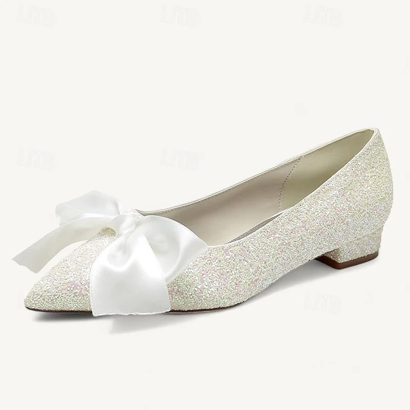 Women's Wedding Shoe Flats Bowknot Flat Heel Low Heel Pointed Toe Bridal Shoes - Image 7