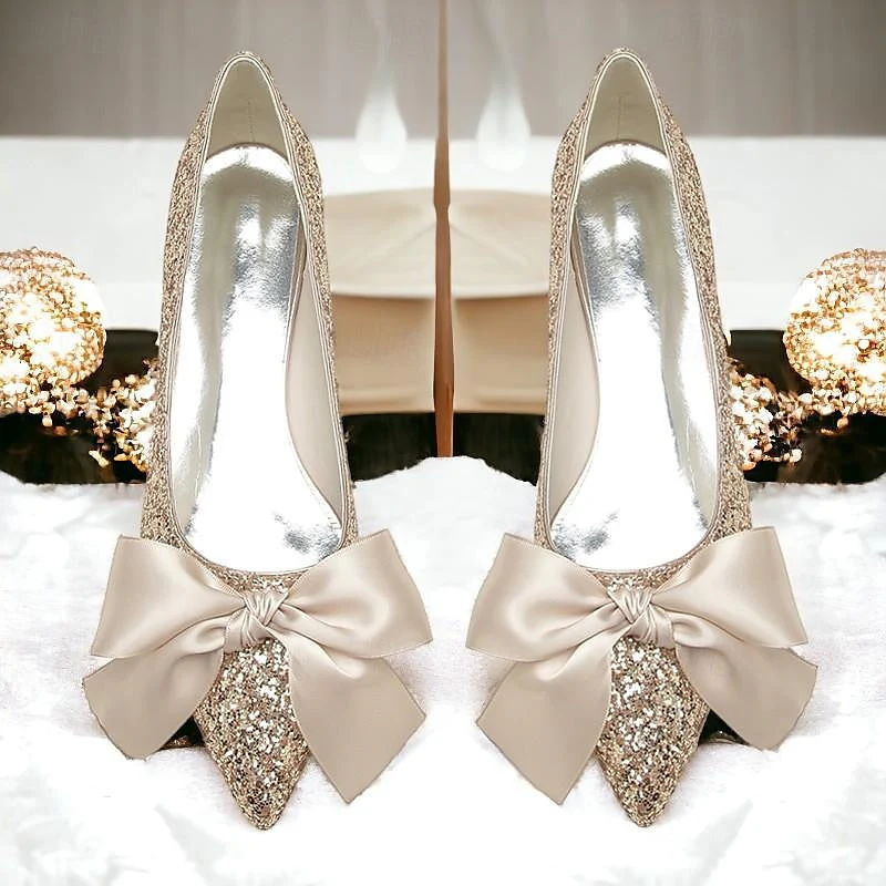 Women's Wedding Shoe Flats Bowknot Flat Heel Low Heel Pointed Toe Bridal Shoes - Image 8