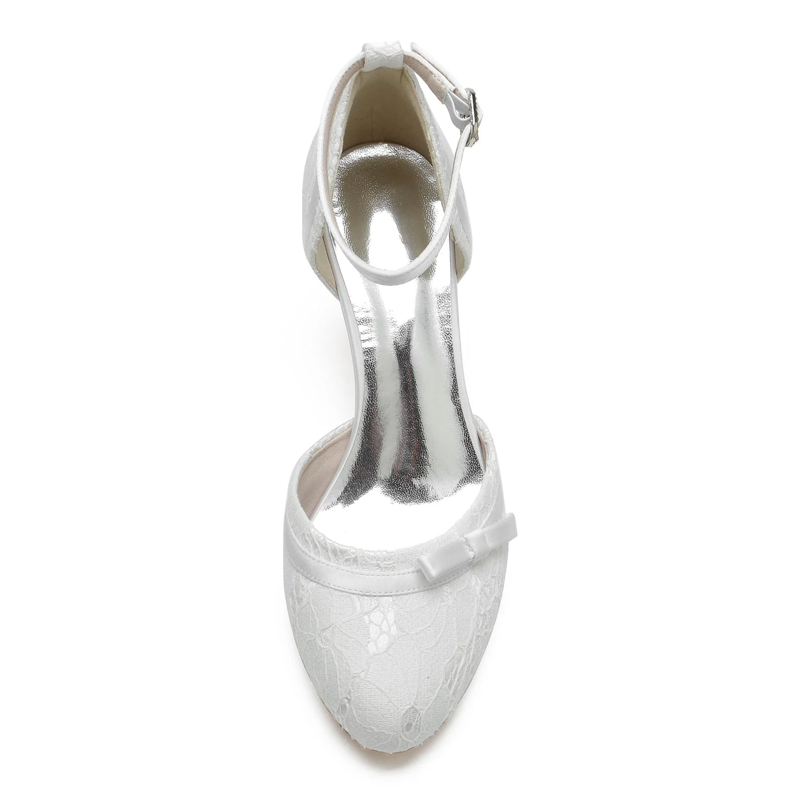 Women's Wedding Shoes Applique Lace Bow Mid Heel Round Toe Buckle Bridal Shoes - Image 2
