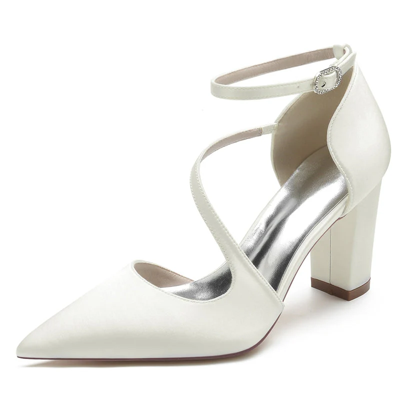 Women's Wedding Shoes Black Closed Toe Block Heel Crossed Straps Buckle Bridal Shoes - Image 10