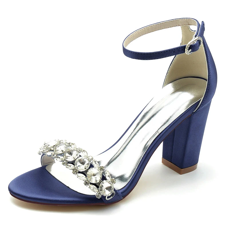Women's Wedding Shoes Block Heel Opened Toe Rhinestone Strap Buckle Bridal Shoes - Image 6