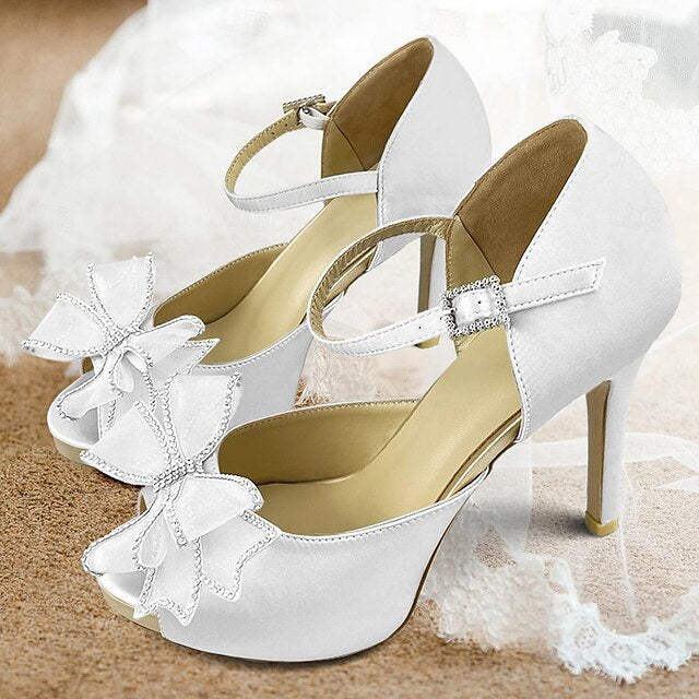 Women's Wedding Shoes Bowknot Stiletto Peep Toe Ankle Strap Bridal Shoes - Image 10