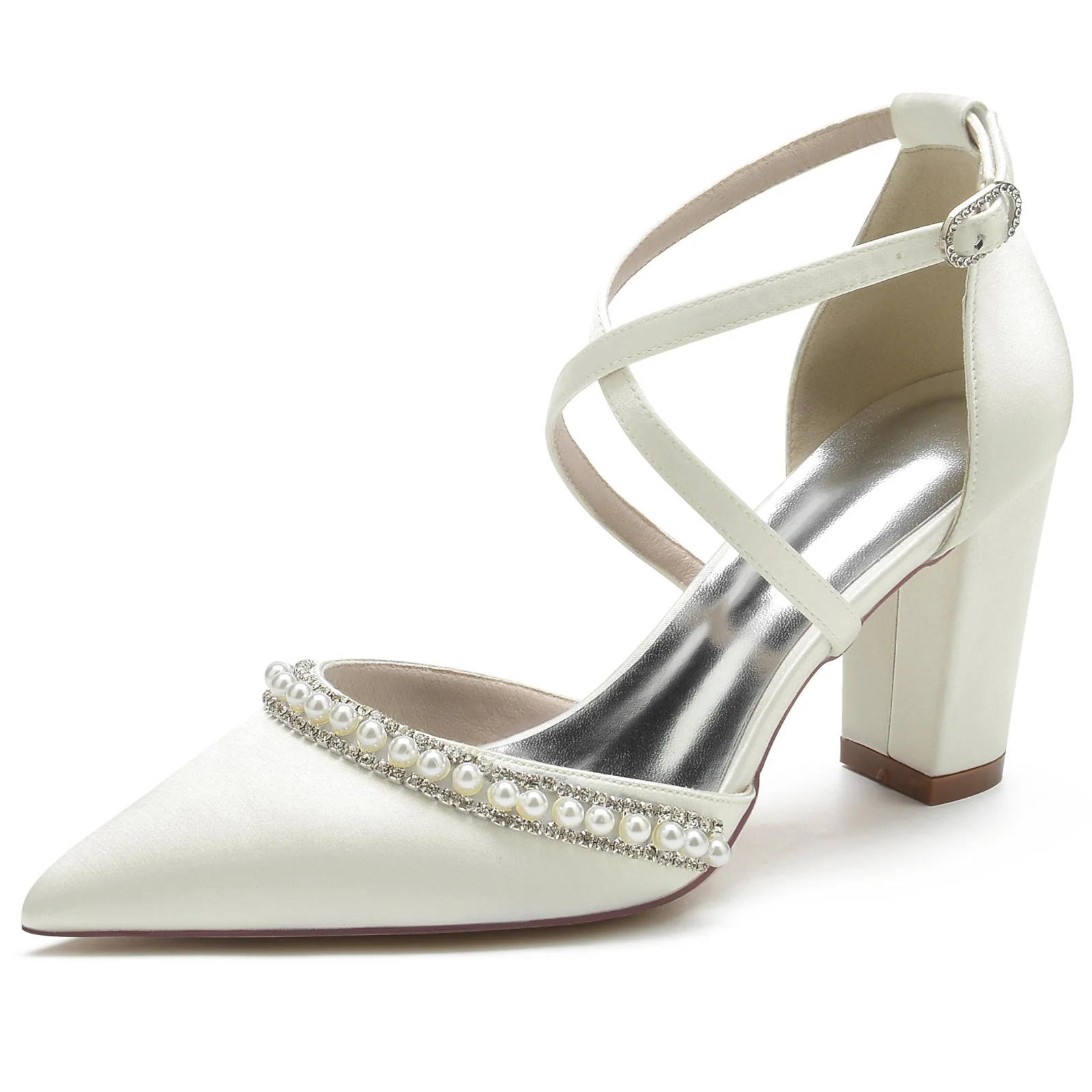 Women's Wedding Shoes Chunky Strappy Pearl Pointed Toe Bridal Shoes - Image 10