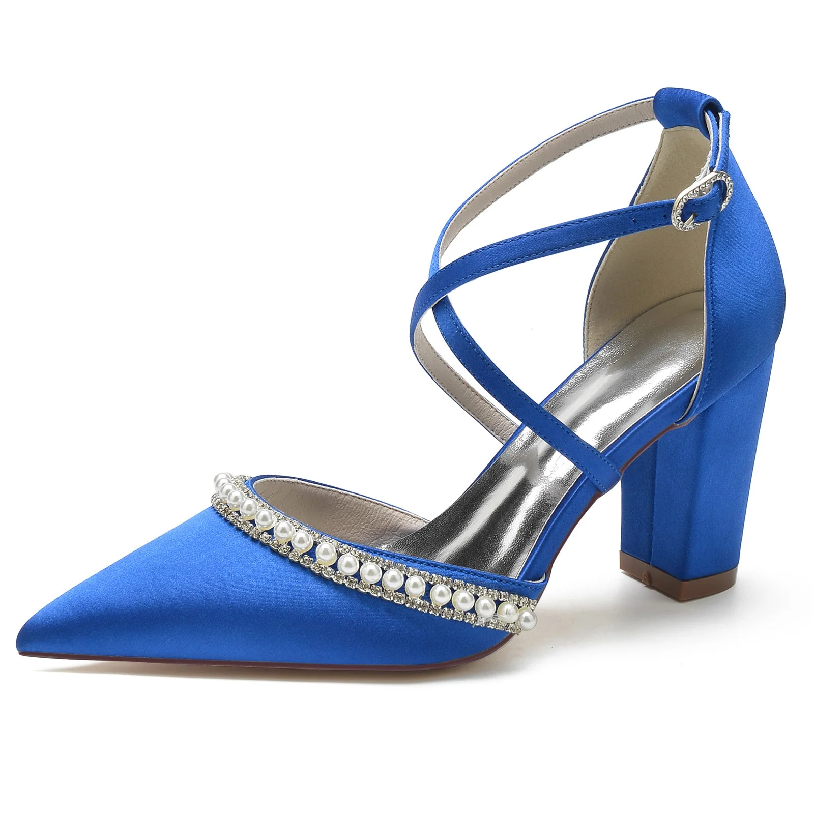 Women's Wedding Shoes Chunky Strappy Pearl Pointed Toe Bridal Shoes - Image 5