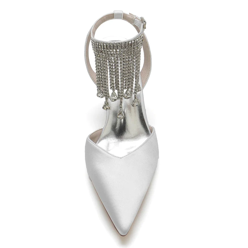 Women's Wedding Shoes Closed Toe Block Heel Buckle Bridal Shoes with Crystal & Tassels - Image 4