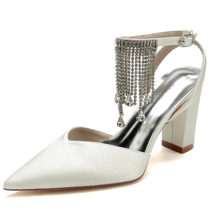 Women's Wedding Shoes Closed Toe Block Heel Buckle Bridal Shoes with Crystal & Tassels - Image 9