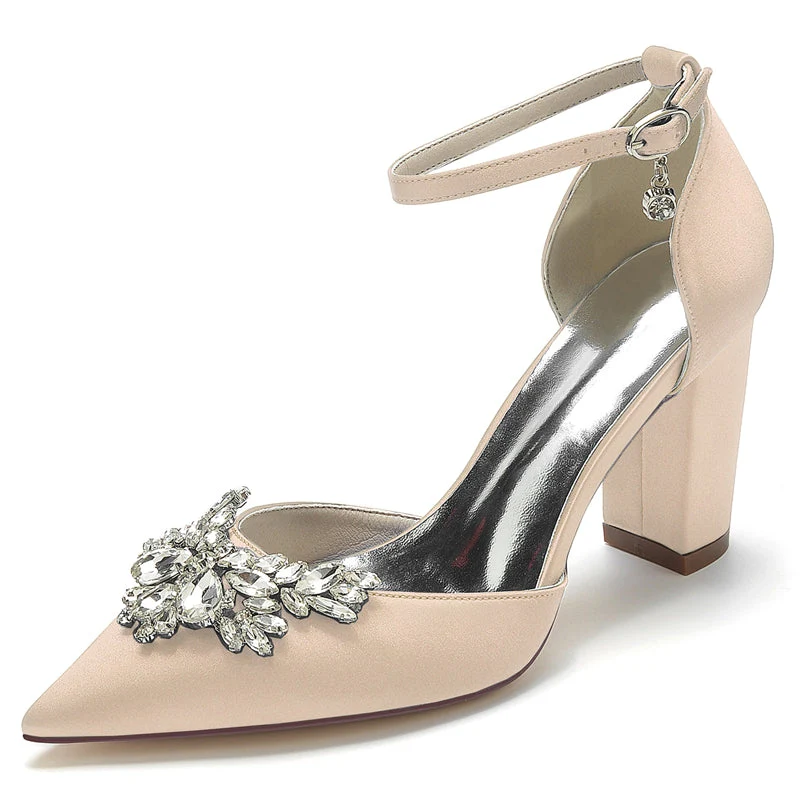 Women's Wedding Shoes Closed Toe Chunky Heel Buckle Bridal Shoes with Rhinestone - Image 11
