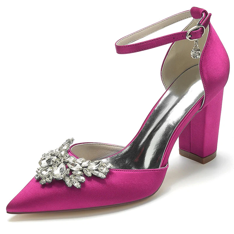 Women's Wedding Shoes Closed Toe Chunky Heel Buckle Bridal Shoes with Rhinestone - Image 6