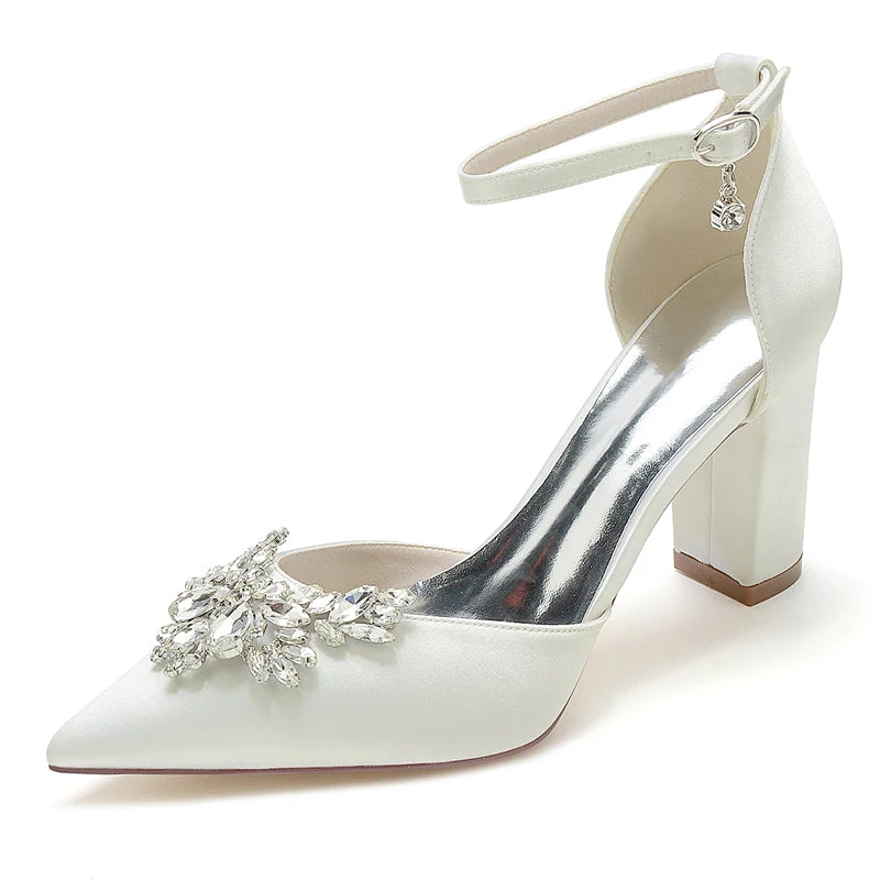 Women's Wedding Shoes Closed Toe Chunky Heel Buckle Bridal Shoes with Rhinestone - Image 8