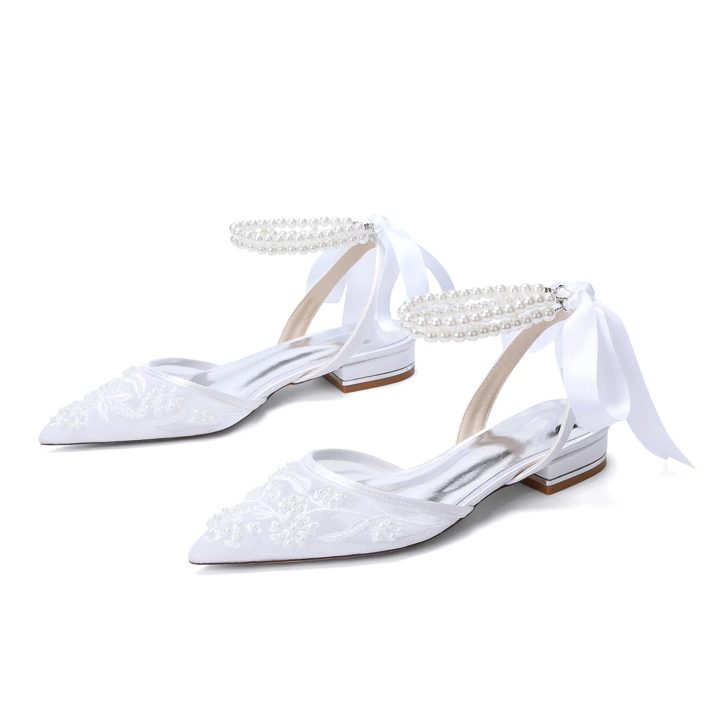 Women's Wedding Shoes Closed Toe Flat Heel High-End Buckle Bridal Shoes Beading with Pearl - Image 3