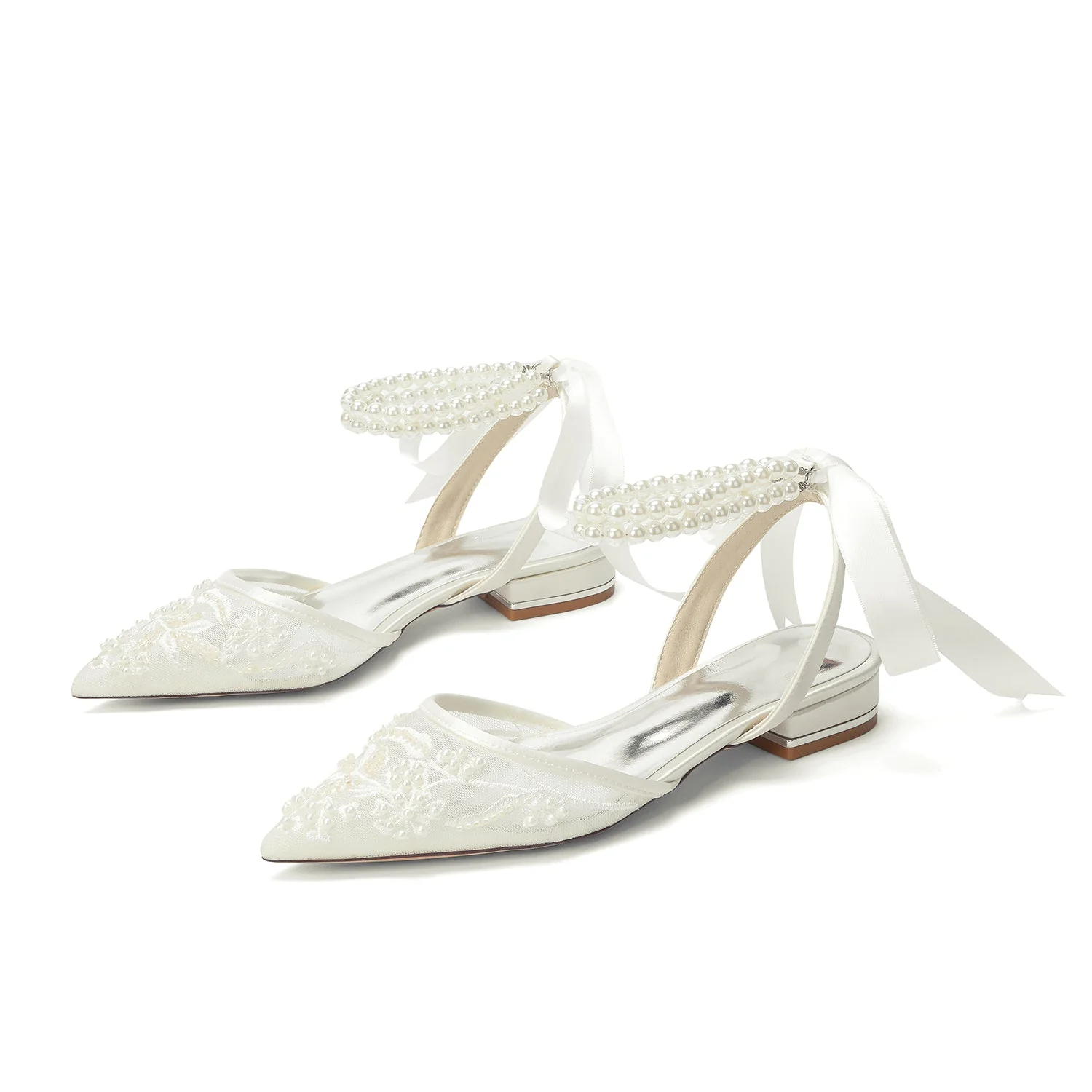 Women's Wedding Shoes Closed Toe Flat Heel High-End Buckle Bridal Shoes Beading with Pearl - Image 7