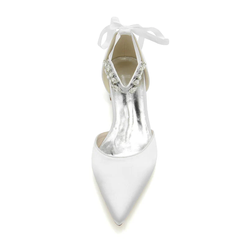 Women's Wedding Shoes Closed Toe Flat Heel Rhinestone High-End Buckle Bridal Shoes with Bow - Image 3