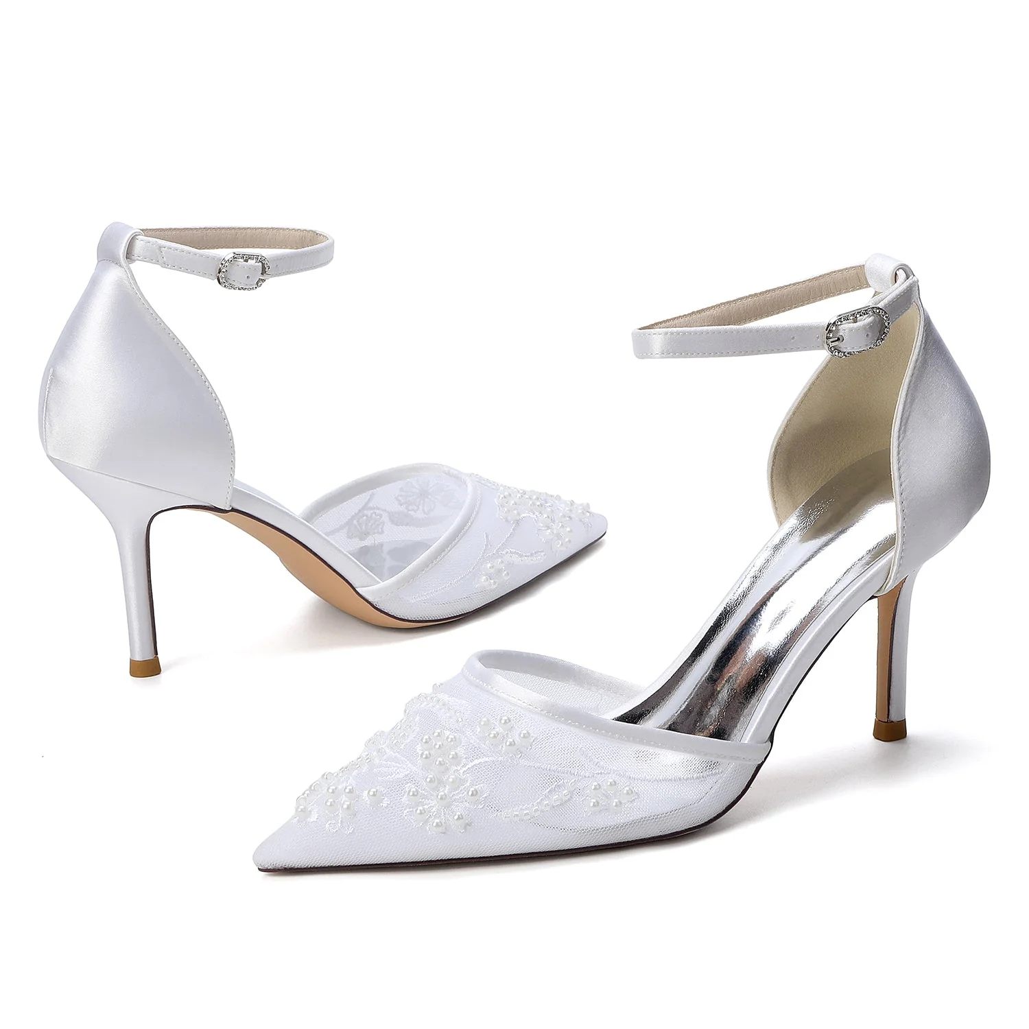 Women's Wedding Shoes Closed Toe High Heel High-End Buckle Bridal Shoes Beading - Image 4