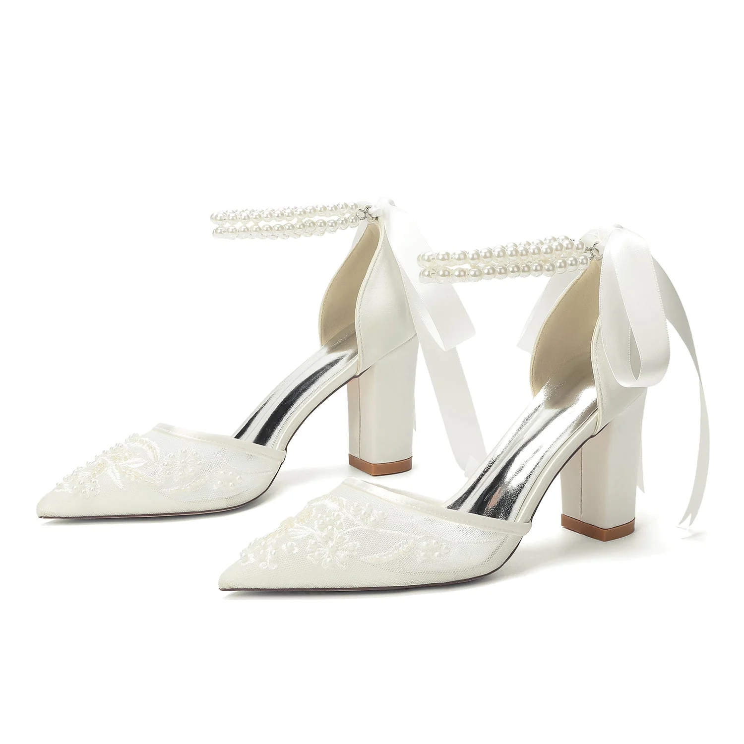 Women's Wedding Shoes Closed Toe High Heel High-End Buckle Bridal Shoes Beading with Pearl - Image 3