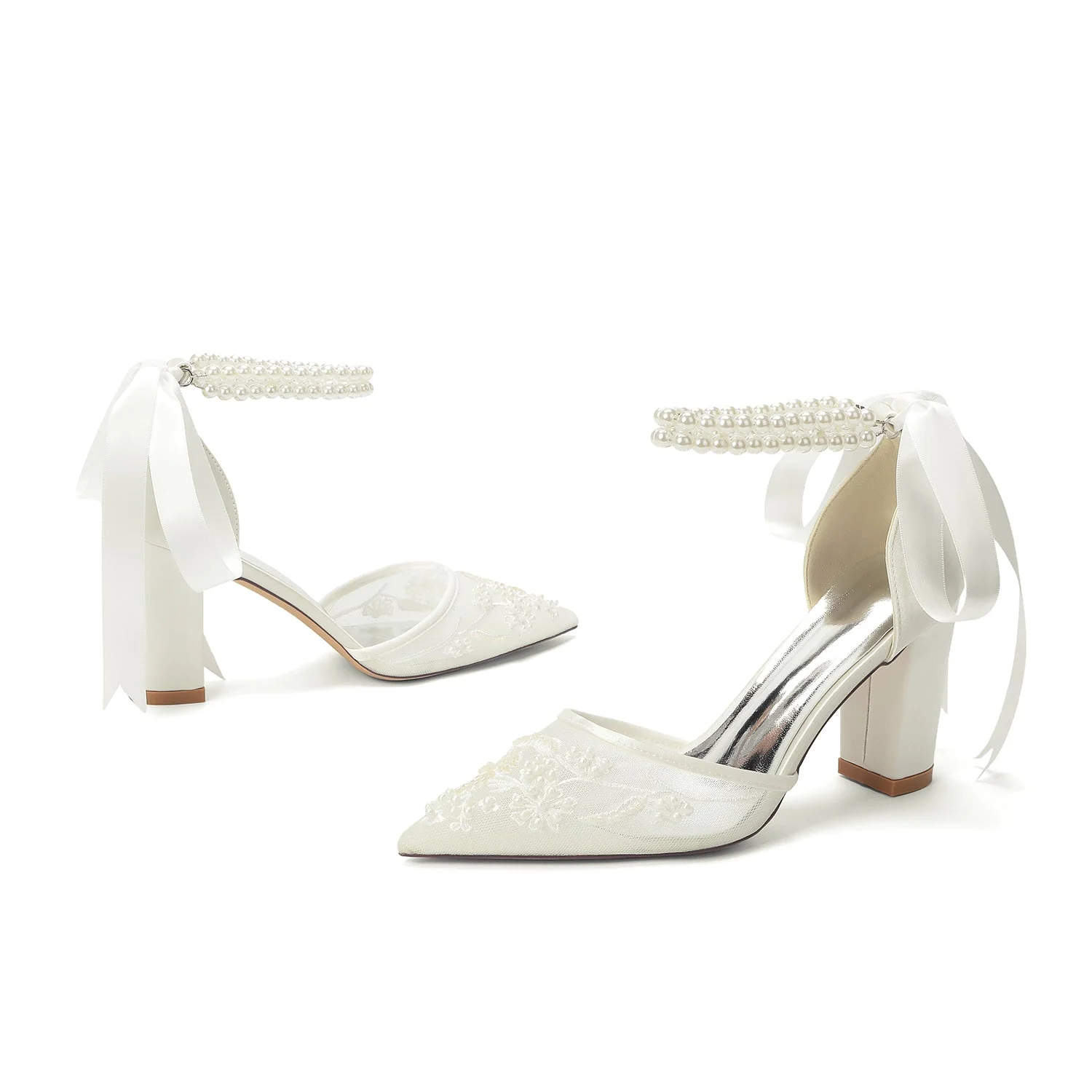 Women's Wedding Shoes Closed Toe High Heel High-End Buckle Bridal Shoes Beading with Pearl - Image 4