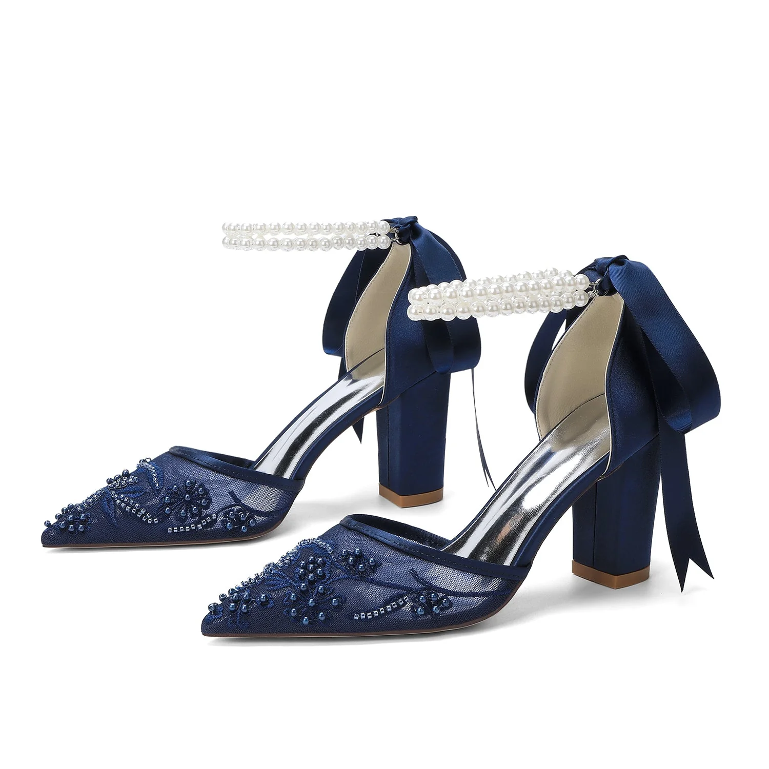 Women's Wedding Shoes Closed Toe High Heel High-End Buckle Bridal Shoes Beading with Pearl - Image 7