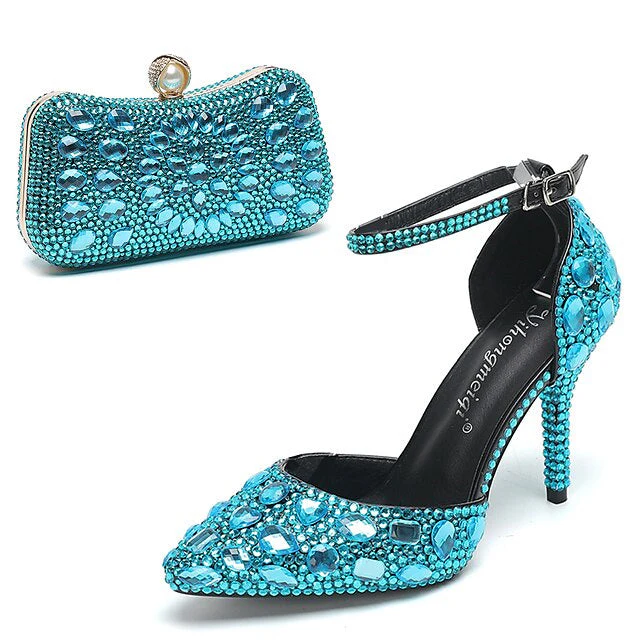 Women's Wedding Shoes and Bag Set Closed Toe Pointed Toe Crystal Stiletto High Heel Wedding Heels Bridal Shoes