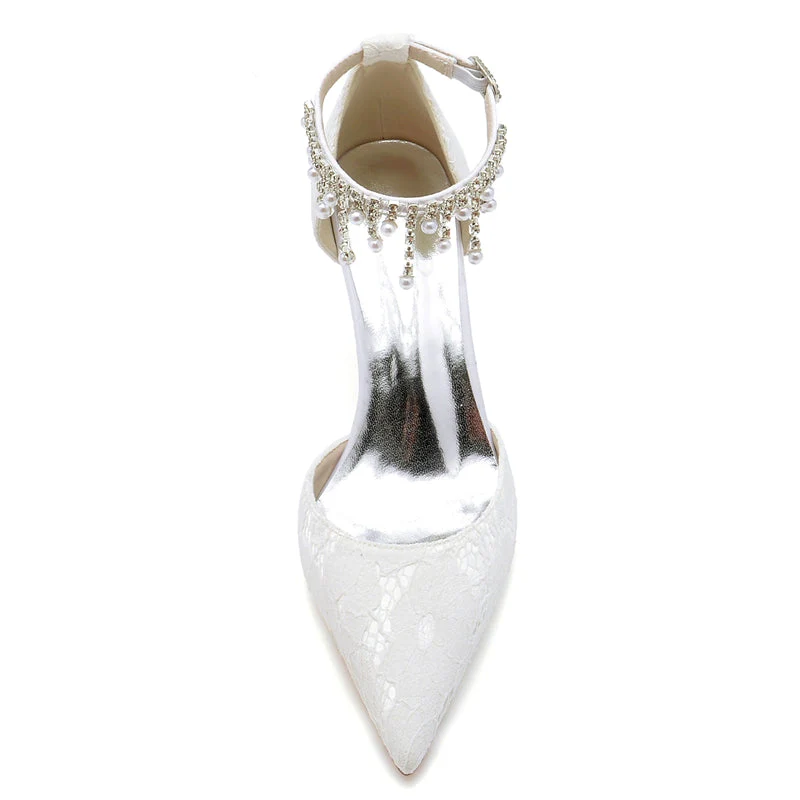 Women's Wedding Shoes Closed Toe Stiletto Heel Lace Buckle Bridal Shoes with Pearl Tassels - Image 3