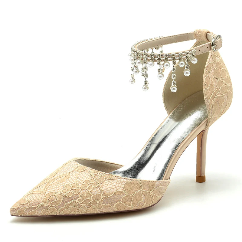 Women's Wedding Shoes Closed Toe Stiletto Heel Lace Buckle Bridal Shoes with Pearl Tassels - Image 8