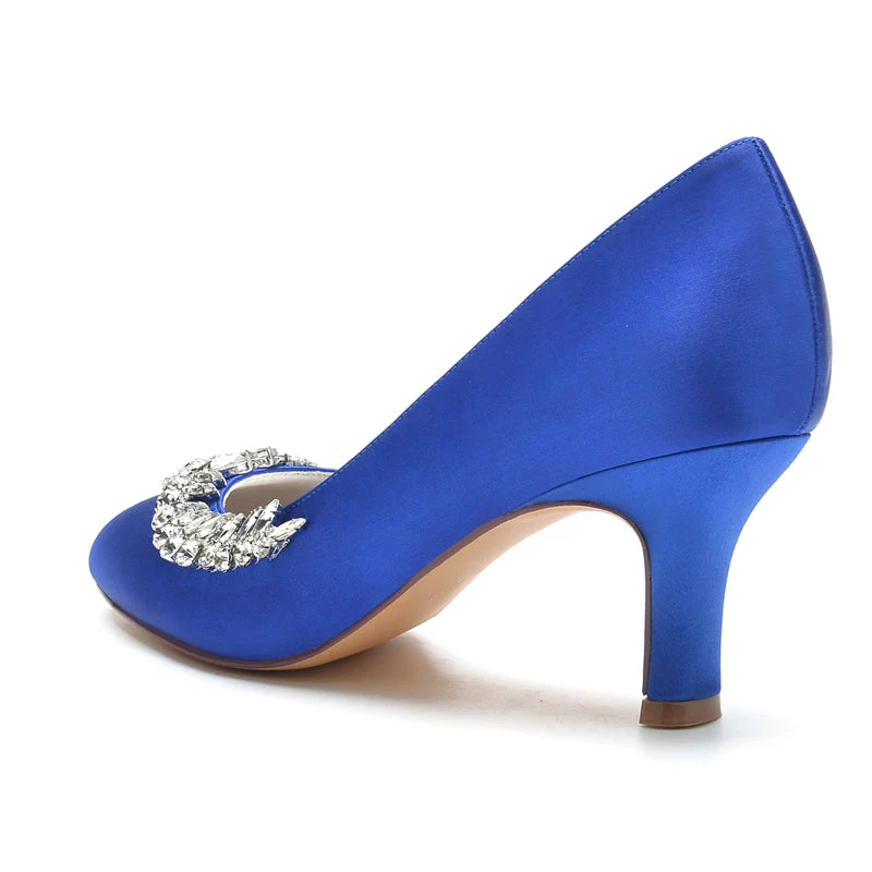 Women's Wedding Shoes Dark Blue Closed Toe Mid Heel Crystal Elegant Bridal Shoes - Image 5