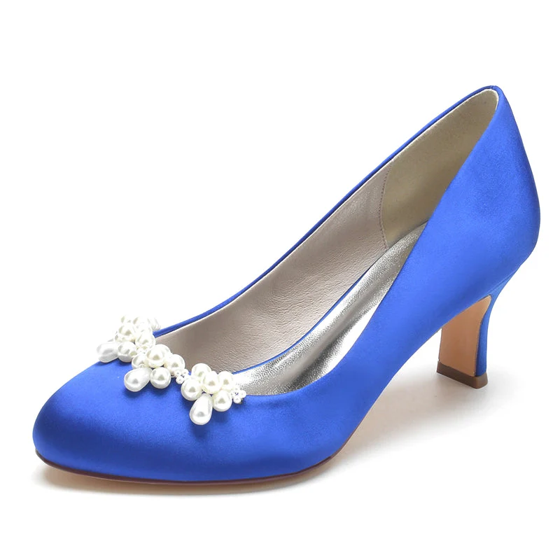Women's Wedding Shoes Dark Blue Round Toe Delicate Pearl Elegant Bridal Shoes - Image 2