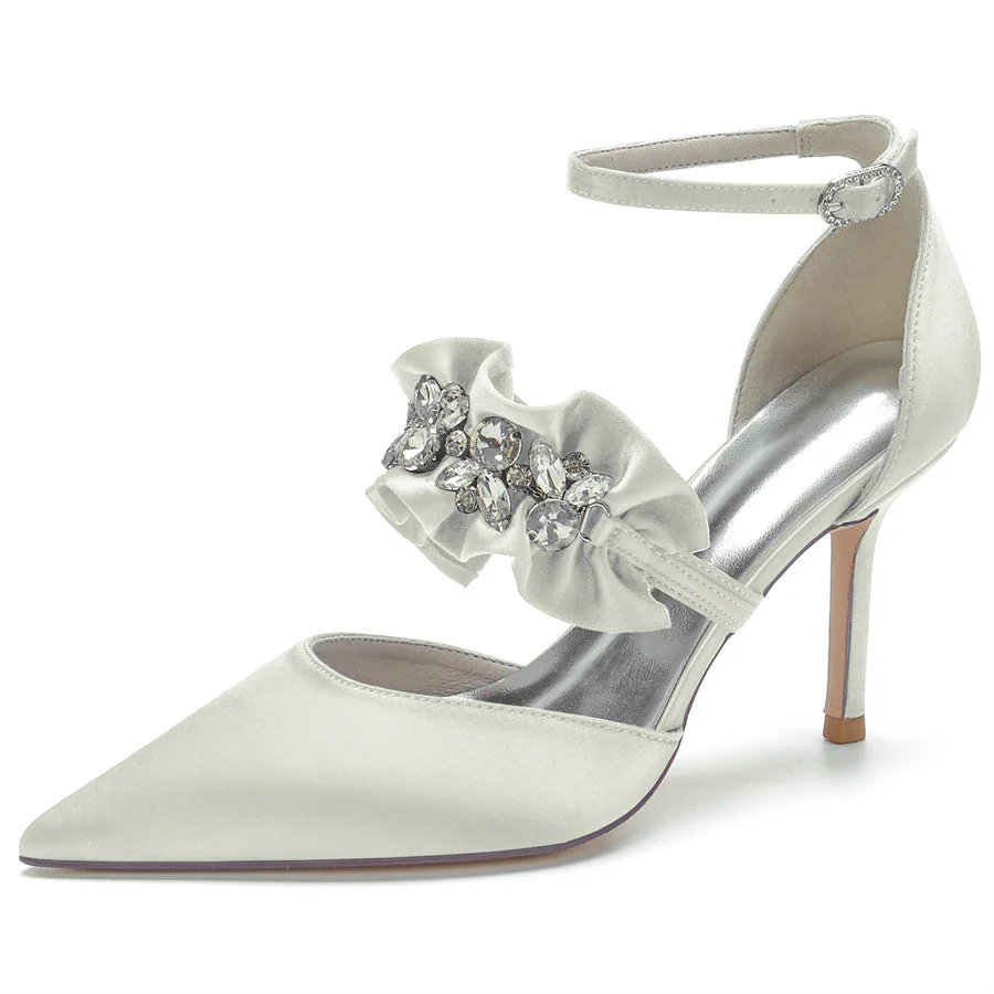 Women's Wedding Shoes Elegant Pointed Toe High Heel Bridal Shoes with Crystal Flower - Image 11