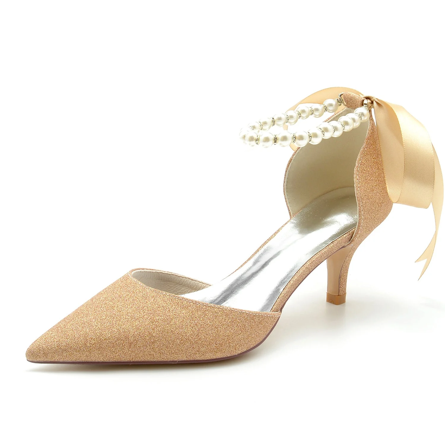 Women's Wedding Shoes Glitter Pearl Pointed Toe Mid Heel Bow Bridal Shoes - Image 2