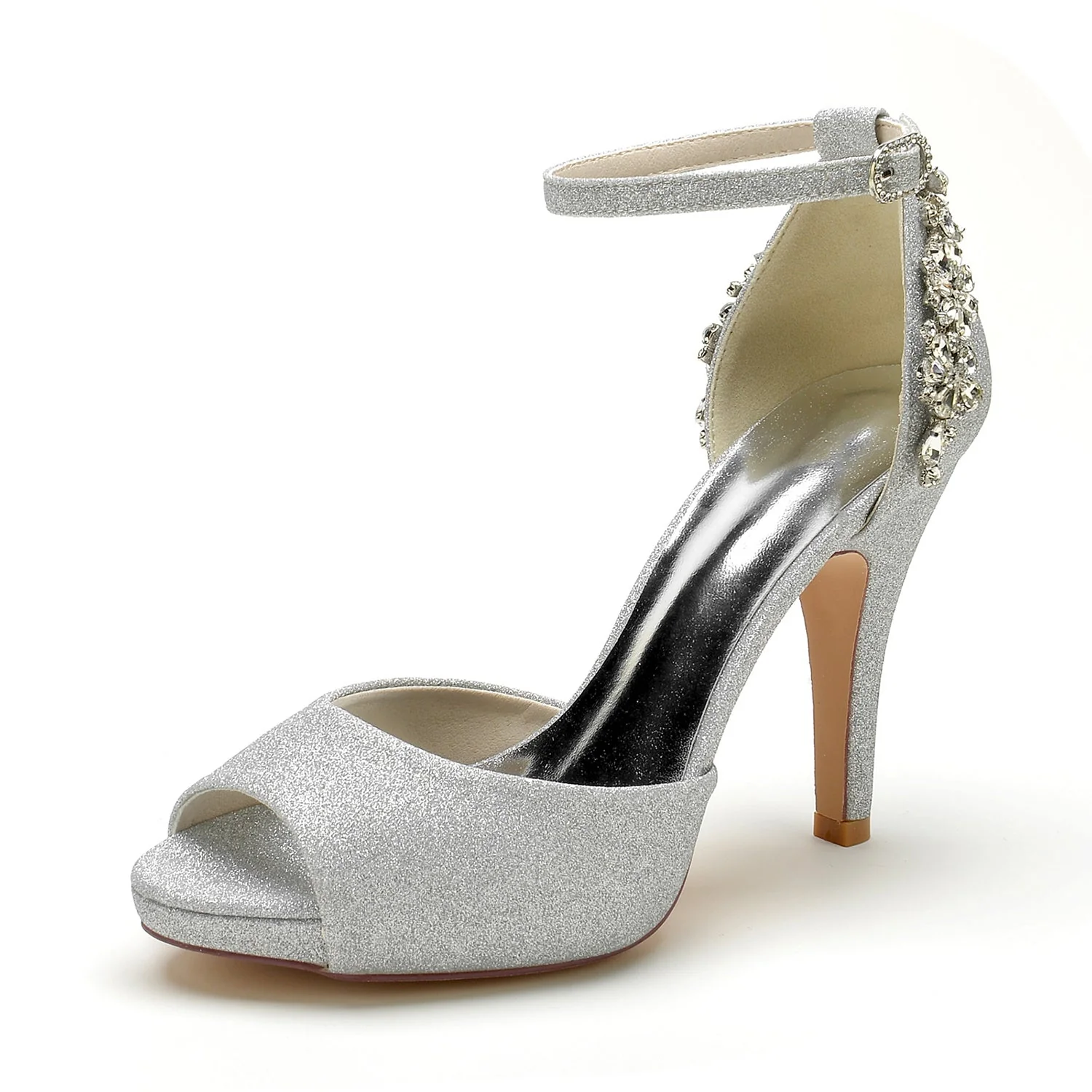 Women's Wedding Shoes Glitter Peep Toe High Heel Rhinestone Buckle Bridal Shoes - Image 6