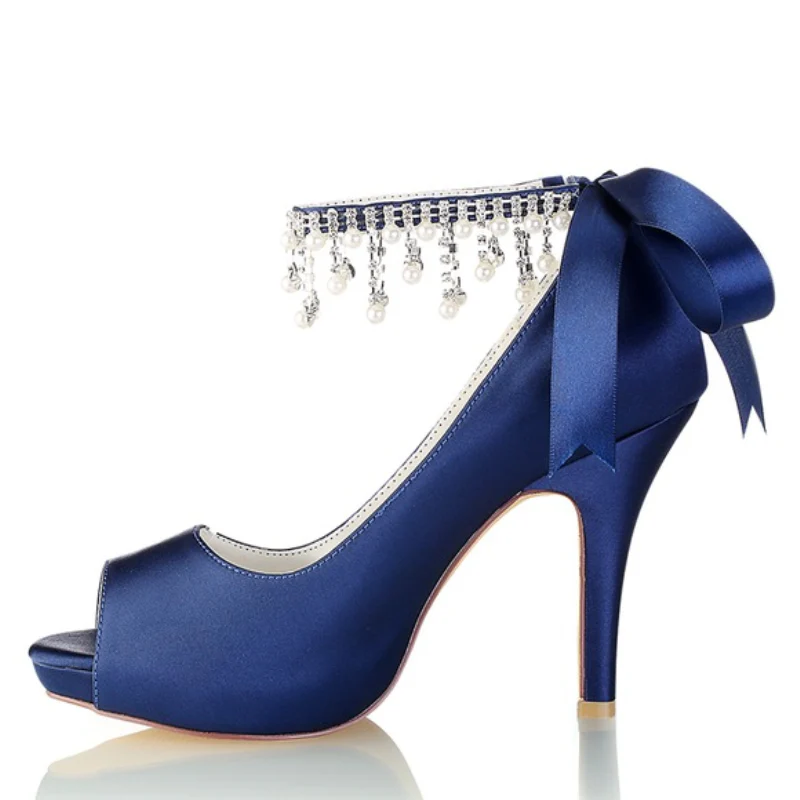 Women's Wedding Shoes Imitation Pearl High Heel Peep Toe Bow Buckle Bridal Shoes - Image 2