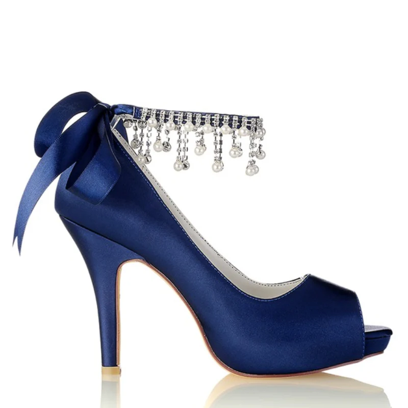 Women's Wedding Shoes Imitation Pearl High Heel Peep Toe Bow Buckle Bridal Shoes - Image 3