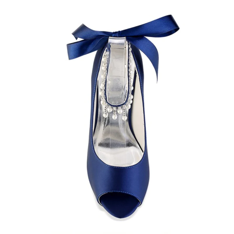 Women's Wedding Shoes Imitation Pearl High Heel Peep Toe Bow Buckle Bridal Shoes - Image 5