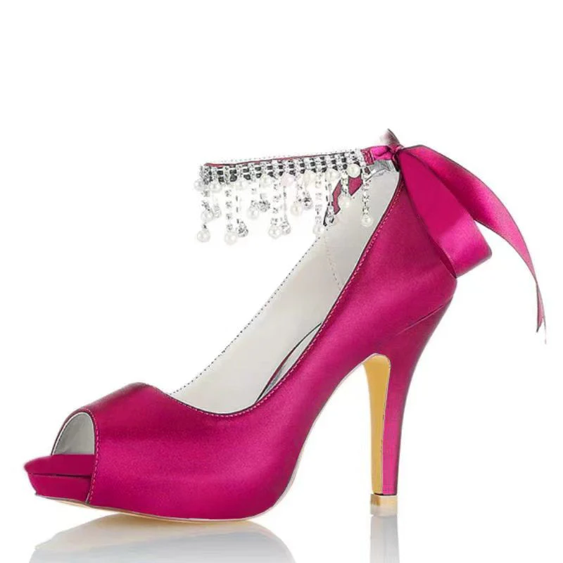 Women's Wedding Shoes Imitation Pearl High Heel Peep Toe Bow Buckle Bridal Shoes - Image 7