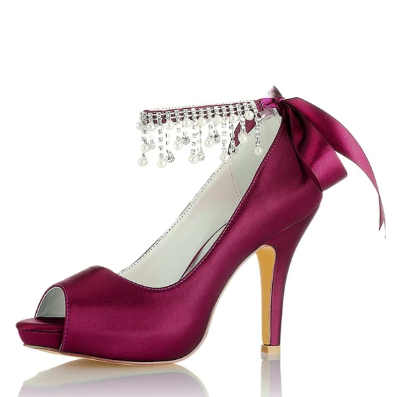Women's Wedding Shoes Imitation Pearl High Heel Peep Toe Bow Buckle Bridal Shoes - Image 8