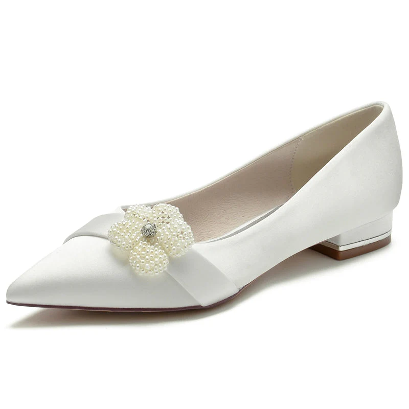 Women's Wedding Shoes Ivory Pointed Toe Flat Heel Bridal Shoes with Pearl
