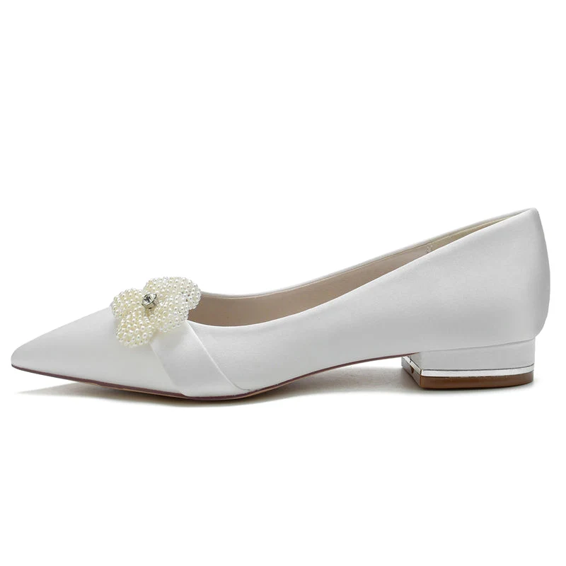 Women's Wedding Shoes Ivory Pointed Toe Flat Heel Bridal Shoes with Pearl - Image 3
