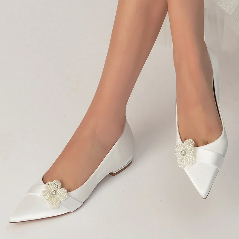 Women's Wedding Shoes Ivory Pointed Toe Flat Heel Bridal Shoes with Pearl - Image 6