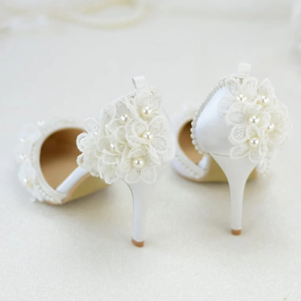 Women's Wedding Shoes Lace Flower Imitation Pearl Stiletto Heel Closed Toe Minimalism Satin Lace-up Bridal Shoes - Image 2