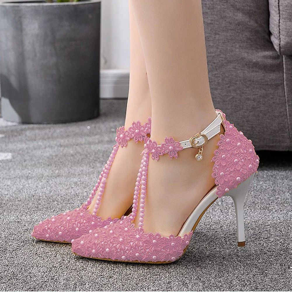 Women's Wedding Shoes Lace High Heel Pointed Toe Wedding Heels Bridal Shoes - Image 7
