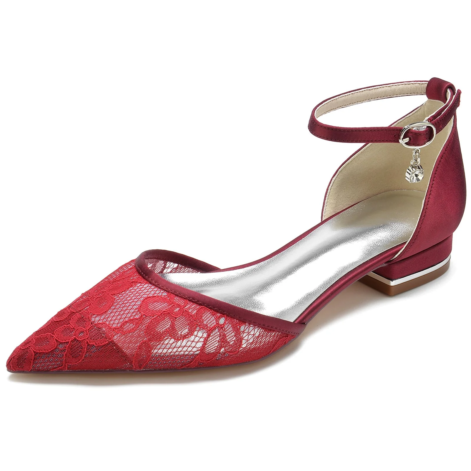 Women's Wedding Shoes Lace Low Closed Toe Rhinestone Buckle Bridal Shoes - Image 9