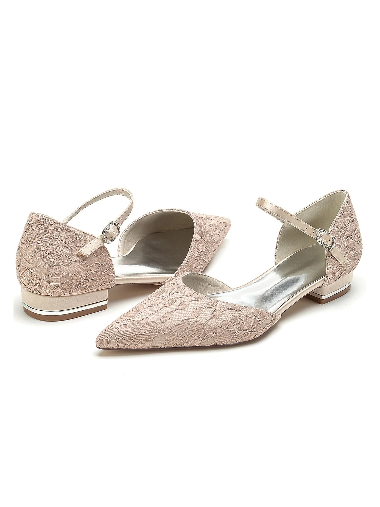 Women's Wedding Shoes Lace Low Heel Pointed Toe Bridesmaid Shoes - Image 9