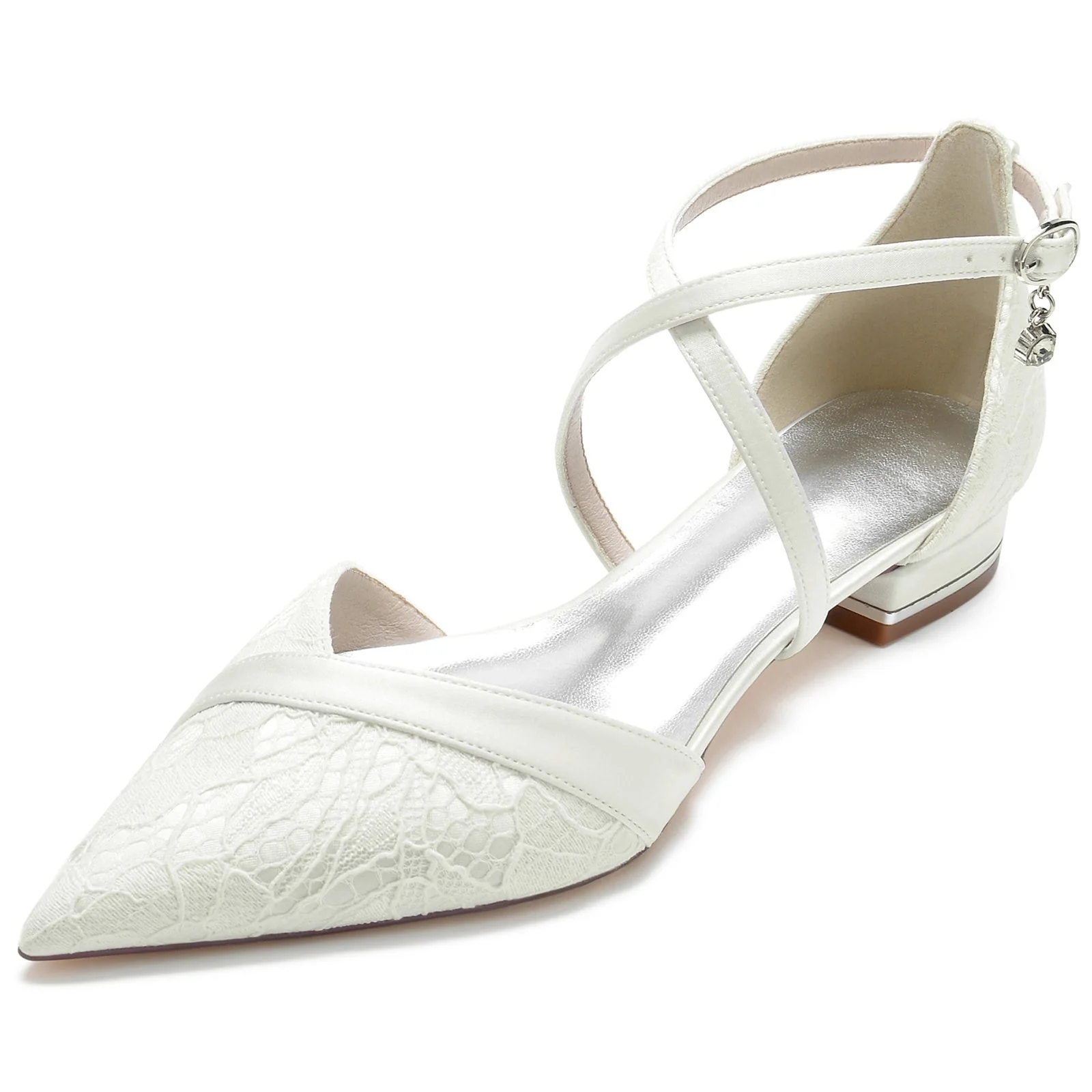 Women's Wedding Shoes Lace Low Heel Pointed Toe Crystal Ankle Strap Bridal Shoes - Image 7