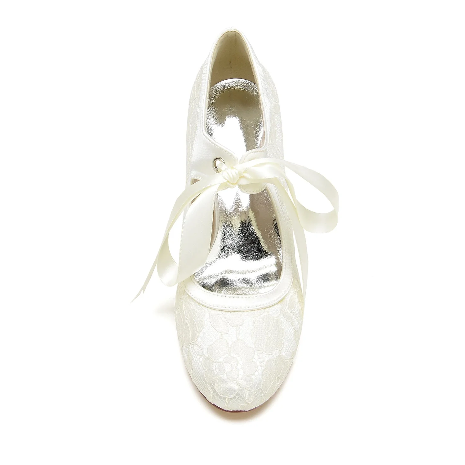 Women's Wedding Shoes Lace Mid Heel Round Closed Toe Bow Bridal Shoes - Image 5