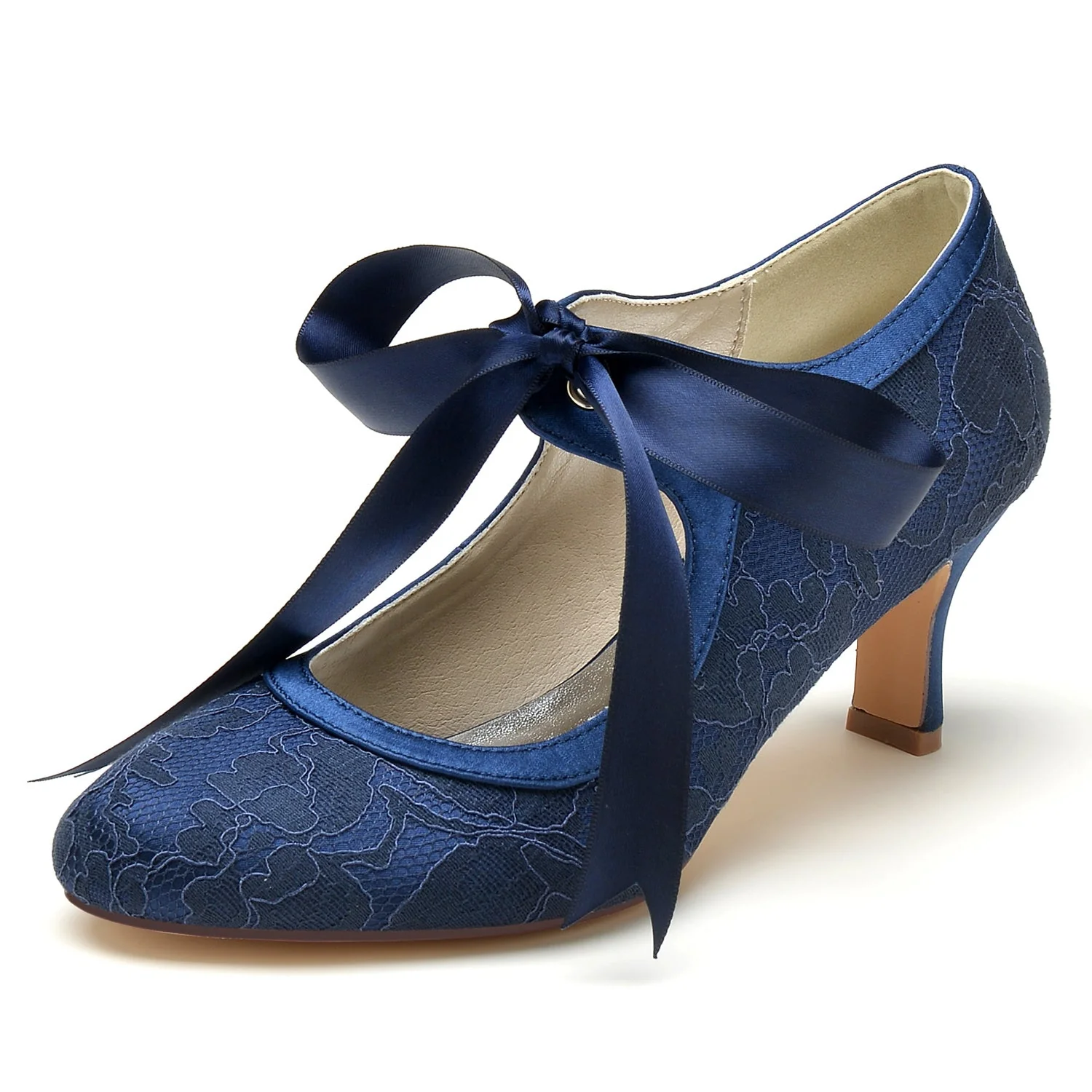 Women's Wedding Shoes Lace Mid Heel Round Closed Toe Bow Bridal Shoes - Image 9
