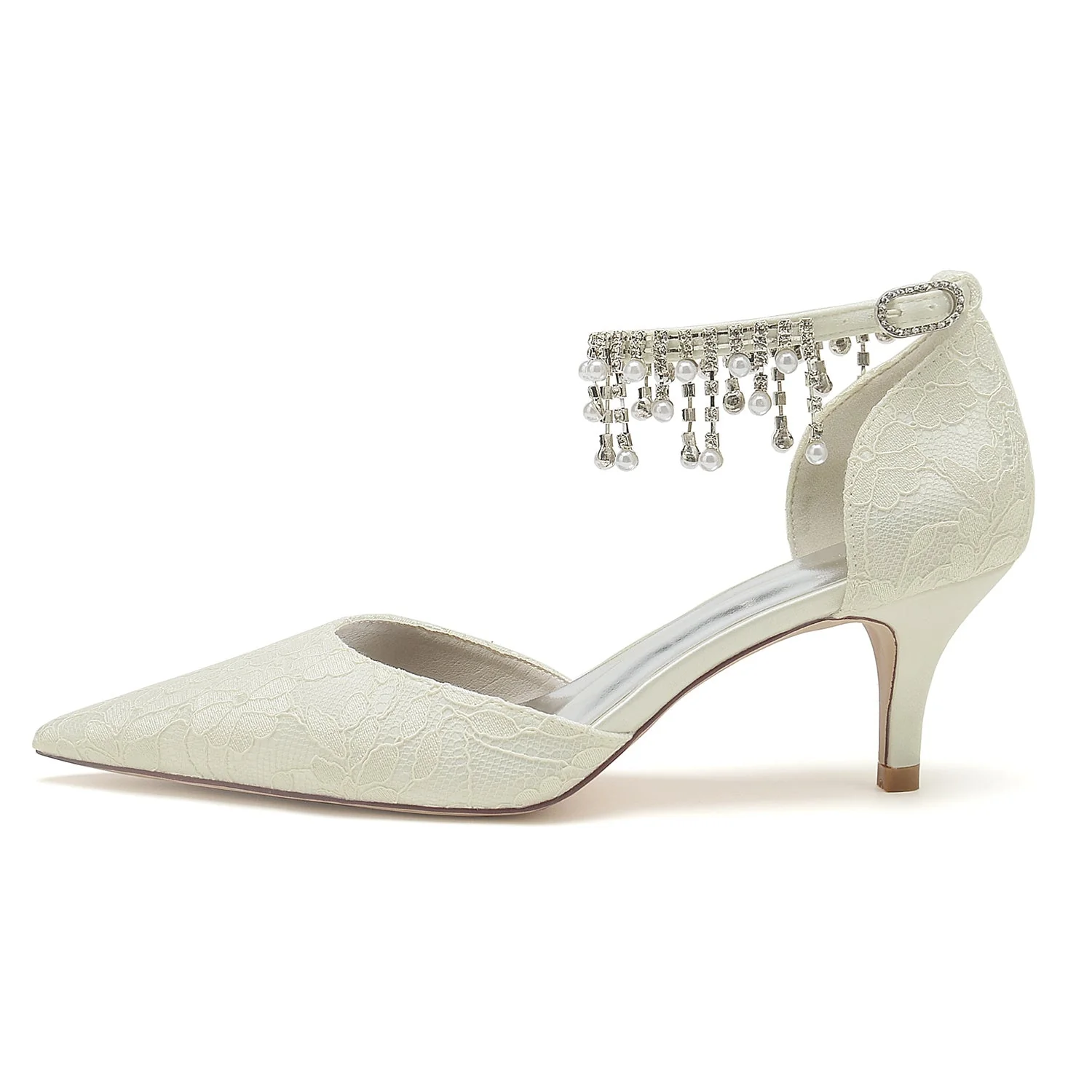Women's Wedding Shoes Lace Pearl Mid Heel Pointed Toe Buckle Bridal Shoes - Image 2