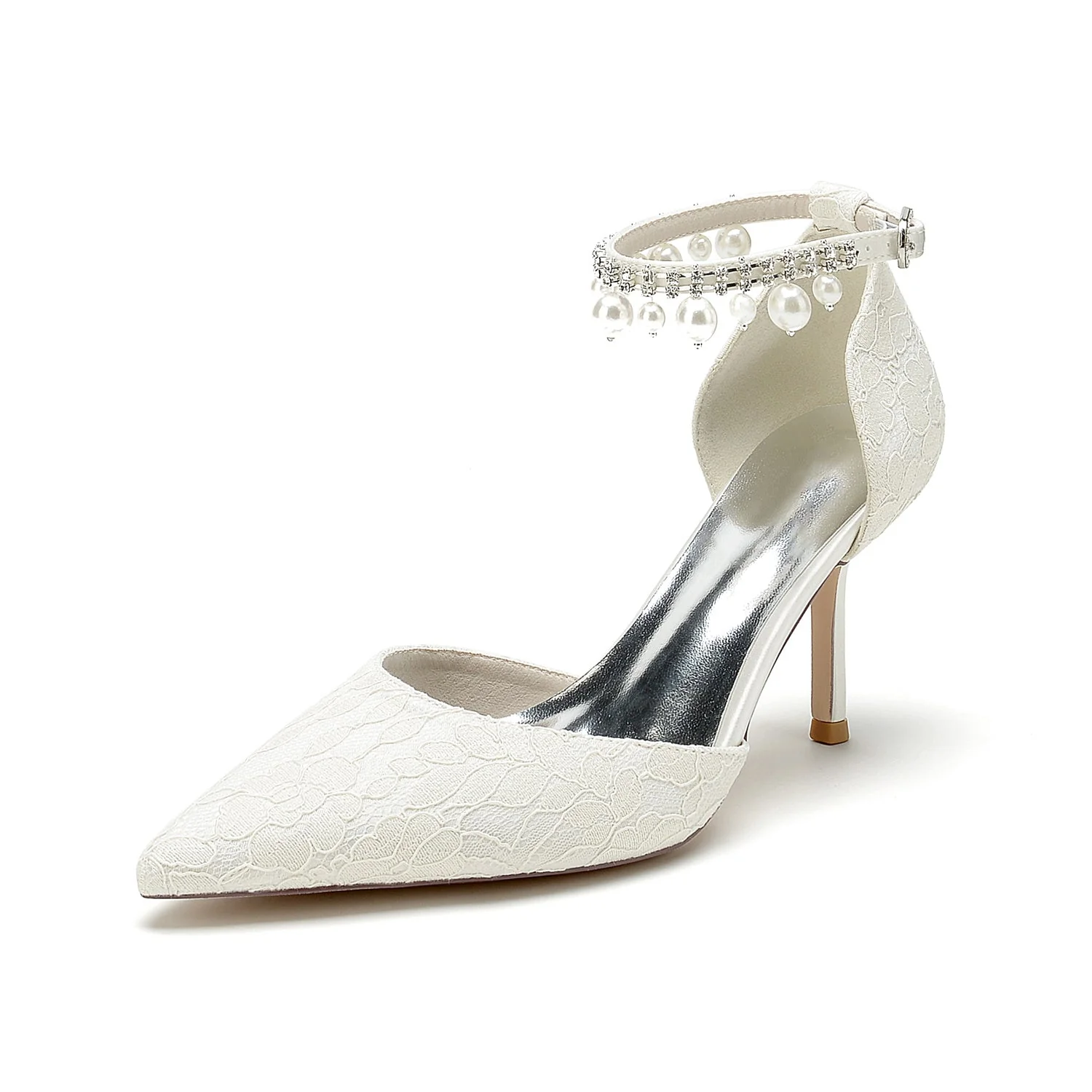 Women's Wedding Shoes Lace Peral Pointed Toe Stiletto Heel Buckle Bridal Shoes - Image 7