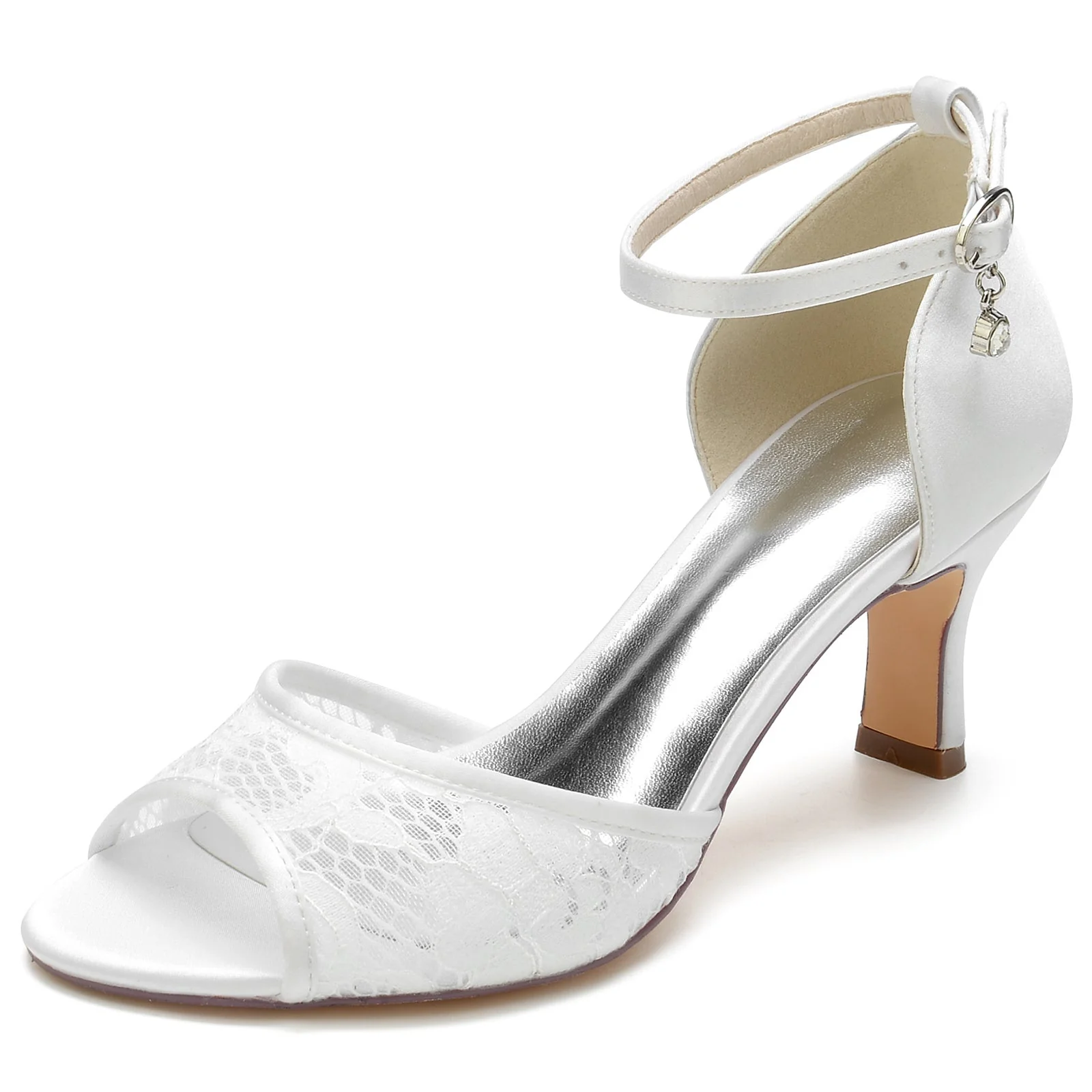 Women's Wedding Shoes Lace Rhinestone Mid Heel Peep Toe Buckle Bridal Shoes - Image 6