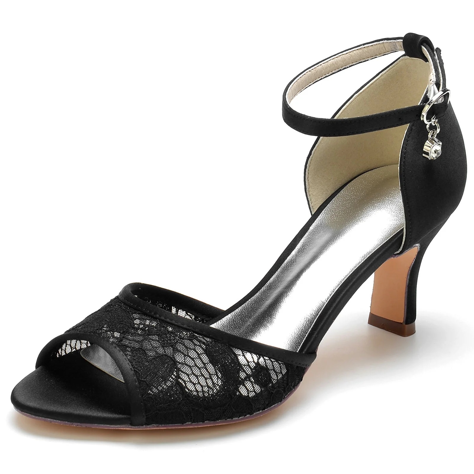 Women's Wedding Shoes Lace Rhinestone Mid Heel Peep Toe Buckle Bridal Shoes - Image 7